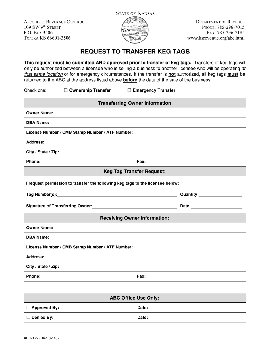 Form ABC-172 Request to Transfer Keg Tags - Kansas, Page 1