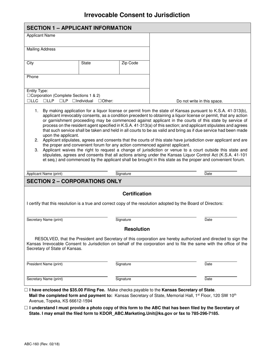 Form ABC-160 Irrevocable Consent to Jurisdiction - Kansas, Page 2