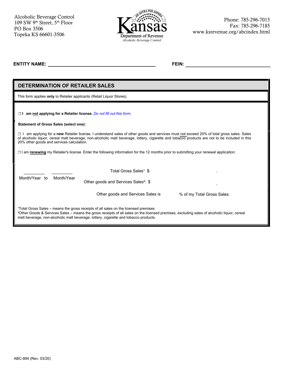 Form ABC-894 Determination of Retailer Sales - Kansas, Page 1