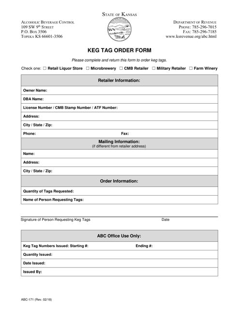 Form ABC-171 Keg Tag Order Form - Kansas