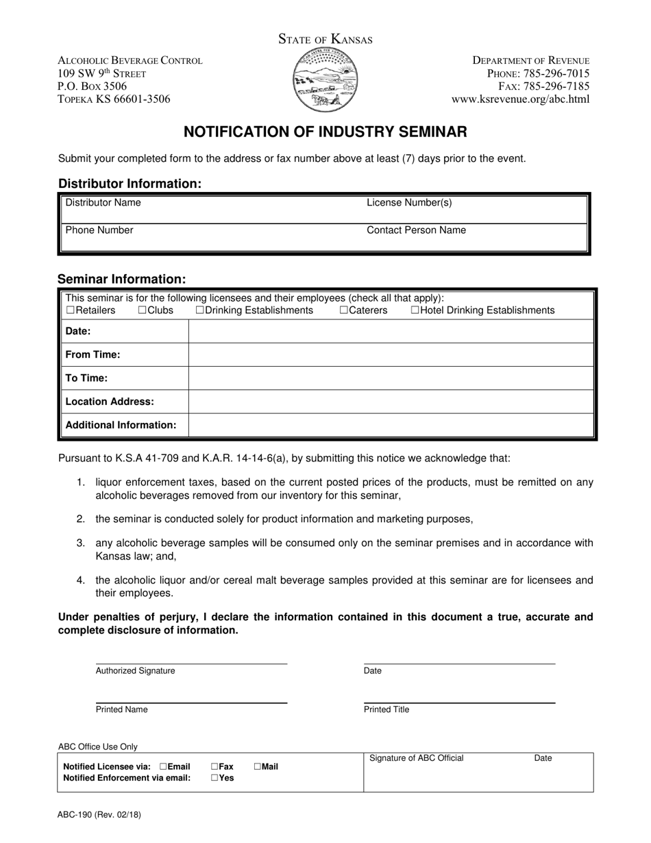 Form ABC-190 Notification of Industry Seminar - Kansas, Page 1