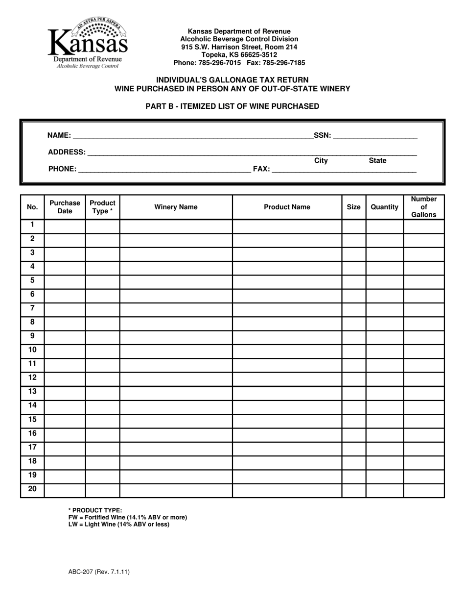 Form ABC-207 Individuals Gallonage Tax Return - Wine Purchased in Person Any of Out-of-State Winery - Kansas, Page 3