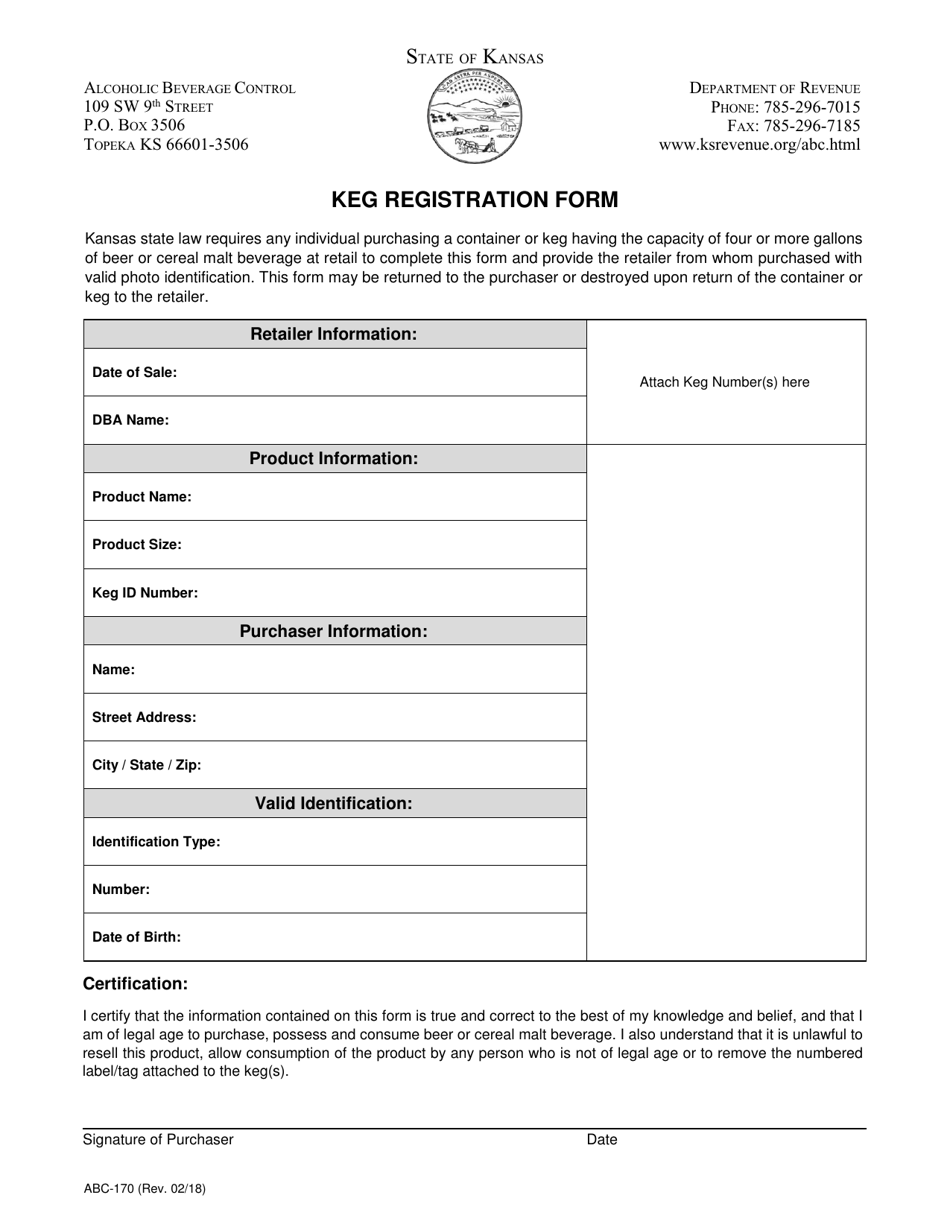 Form ABC-170 Keg Registration Form - Kansas, Page 1