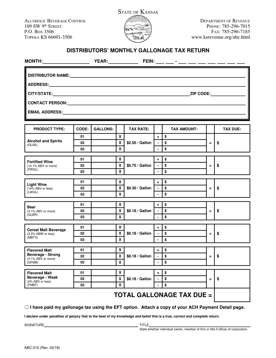 Form ABC-215 Distributors Monthly Gallonage Tax Return - Kansas, Page 2