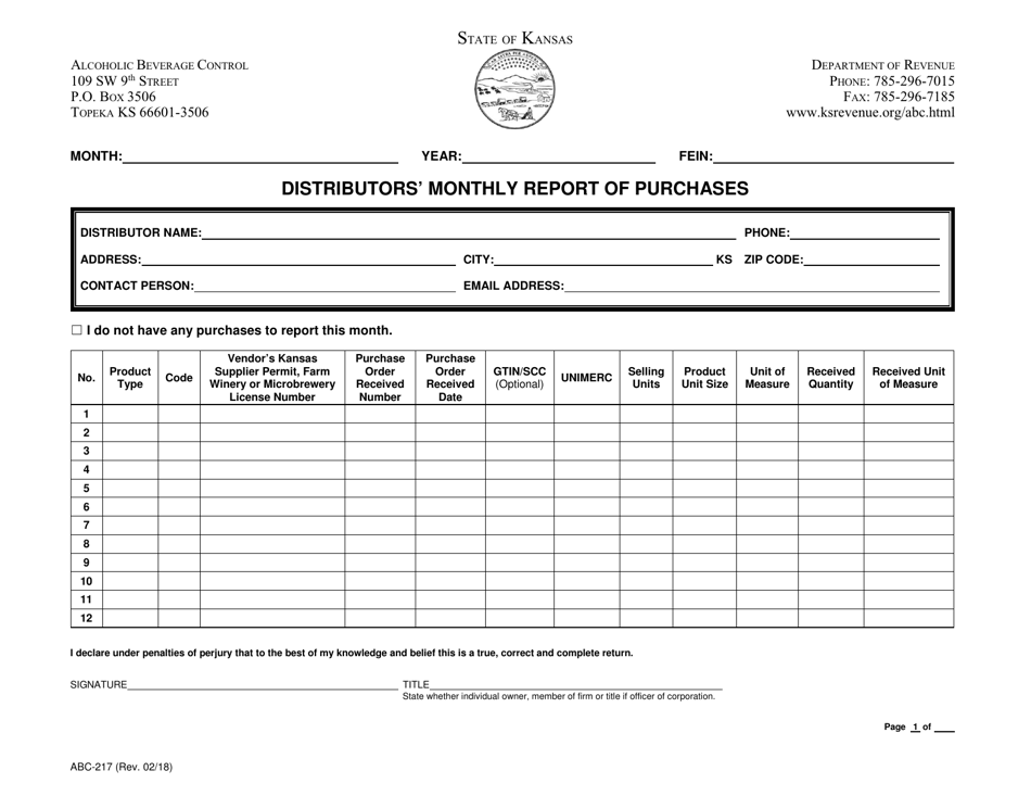 Form ABC-217 Distributors Monthly Report of Purchases - Kansas, Page 2