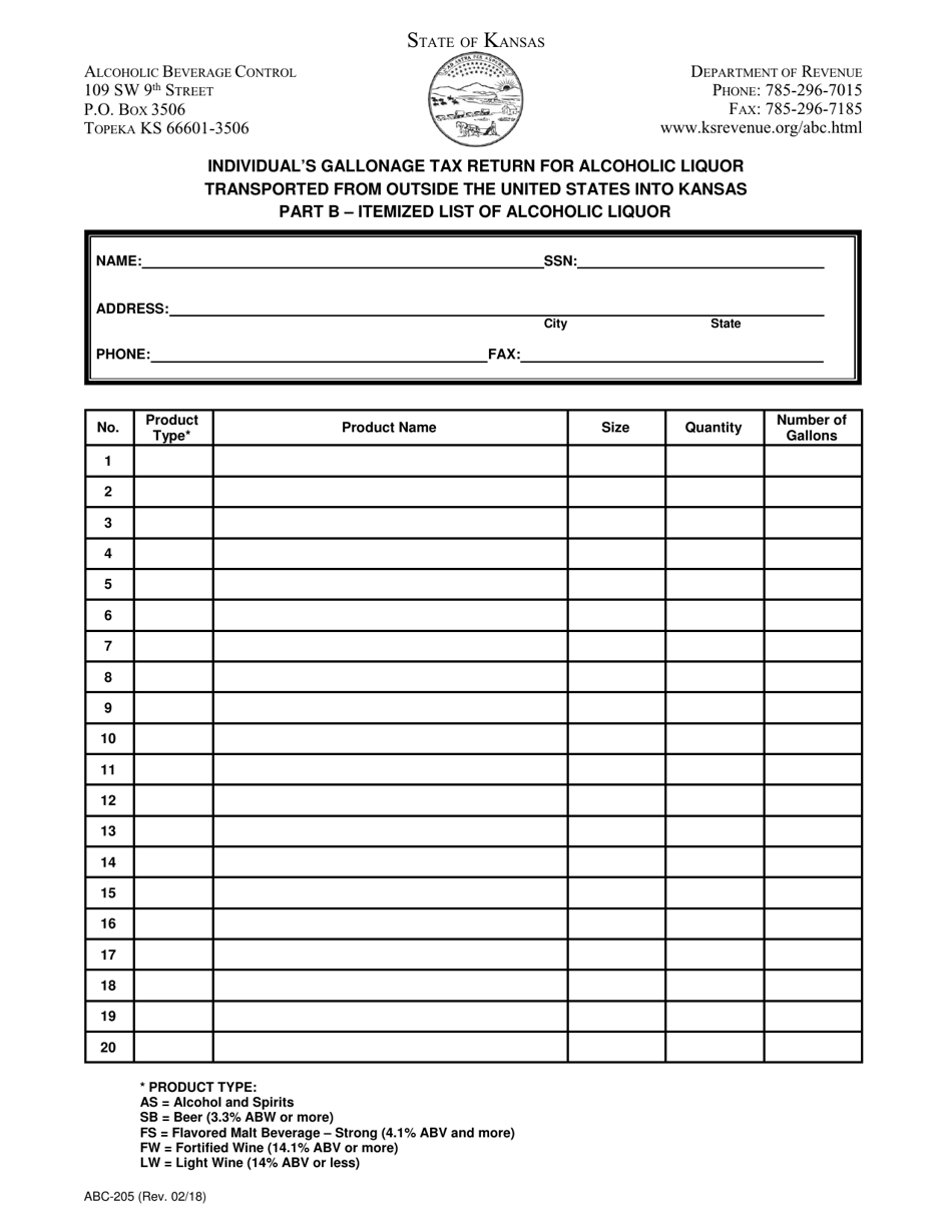 Form ABC-205 Individuals Gallonage Tax Return for Alcoholic Liquor Transported From Outside the United States Into Kansas - Kansas, Page 3