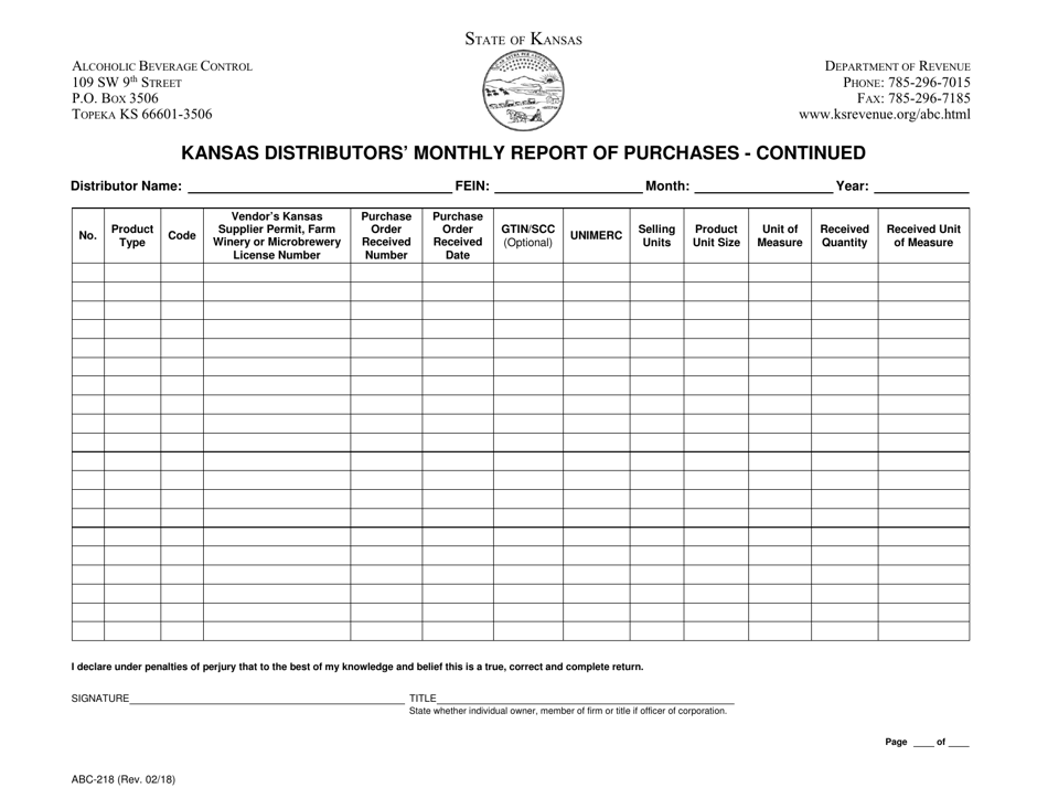 Form ABC-218 Kansas Distributors Monthly Report of Purchases - Continued - Kansas, Page 1