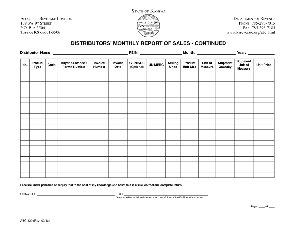 Form ABC-220 Distributors Monthly Report of Sales - Continued - Kansas, Page 1