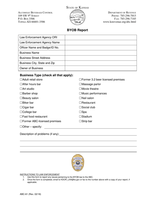 Form ABC-61 Byob Report - Kansas