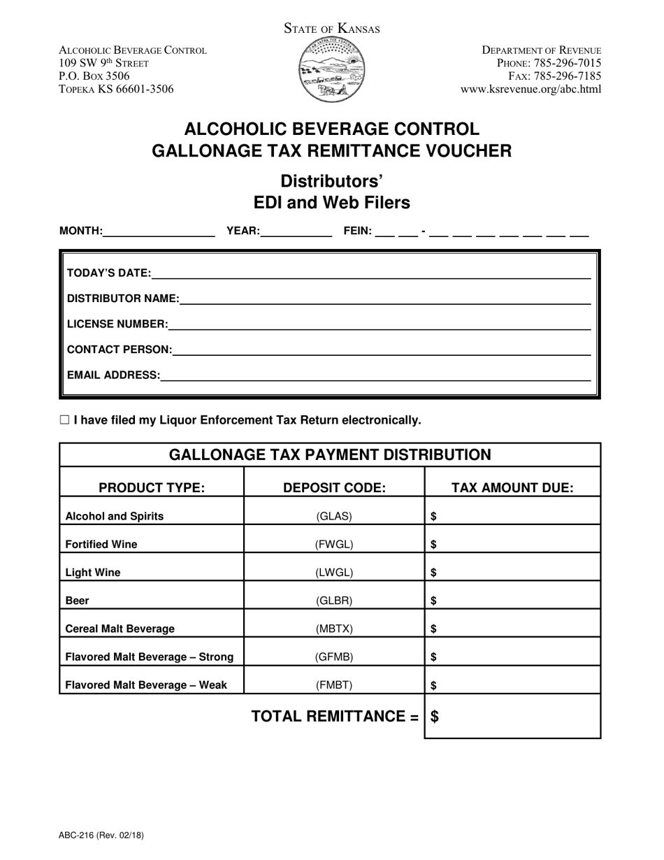 Form ABC-216 Alcoholic Beverage Control Gallonage Tax Remittance Voucher - Distributors Edi and Web Filers - Kansas, Page 1