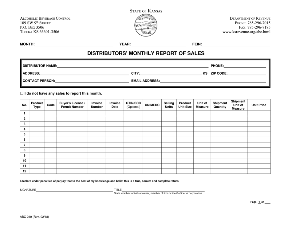 Form ABC-219 Distributors Monthly Report of Sales - Kansas, Page 3