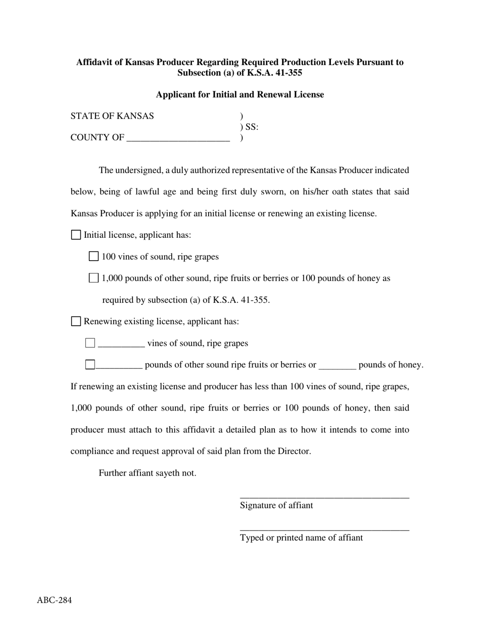 Form ABC-284 Affidavit of Kansas Producer Regarding Required Production Levels Pursuant to Subsection (A) of K.s.a. 41-355 - Applicant for Initial and Renewal License - Kansas, Page 1