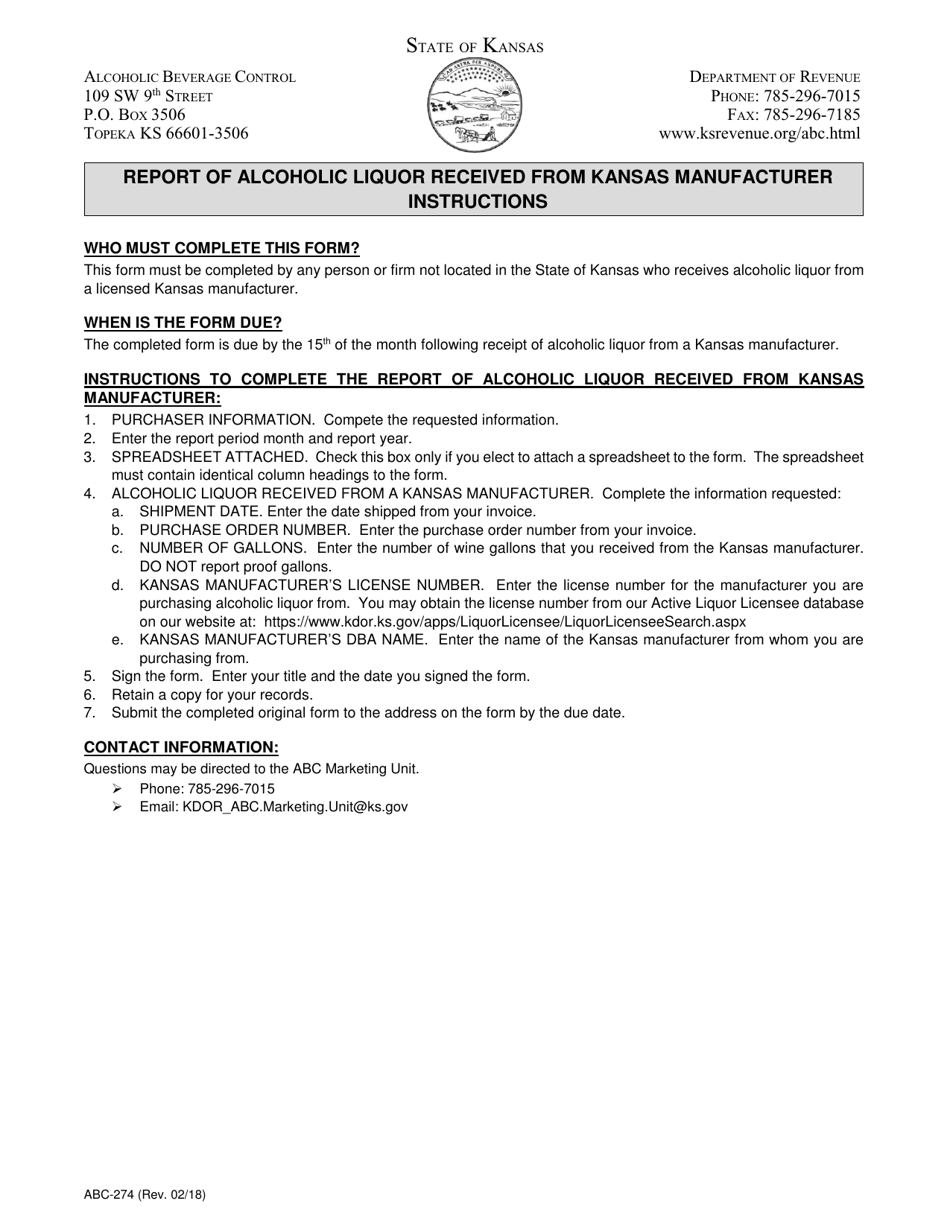 Form ABC-274 Report of Alcoholic Liquor Received From Kansas Manufacturer - Kansas, Page 1