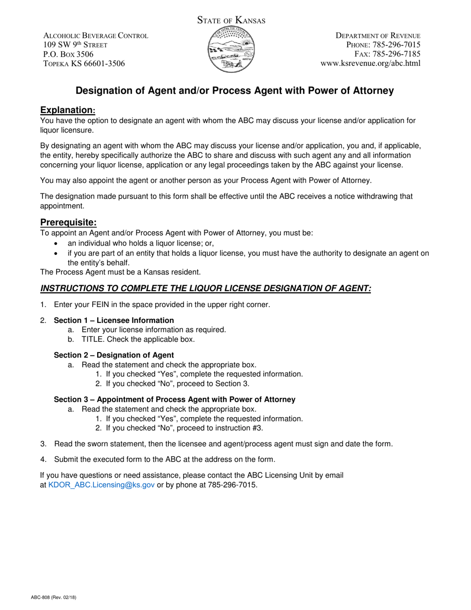 Form ABC-808 Designation of Agent and / or Process Agent With Power of Attorney - Kansas, Page 1