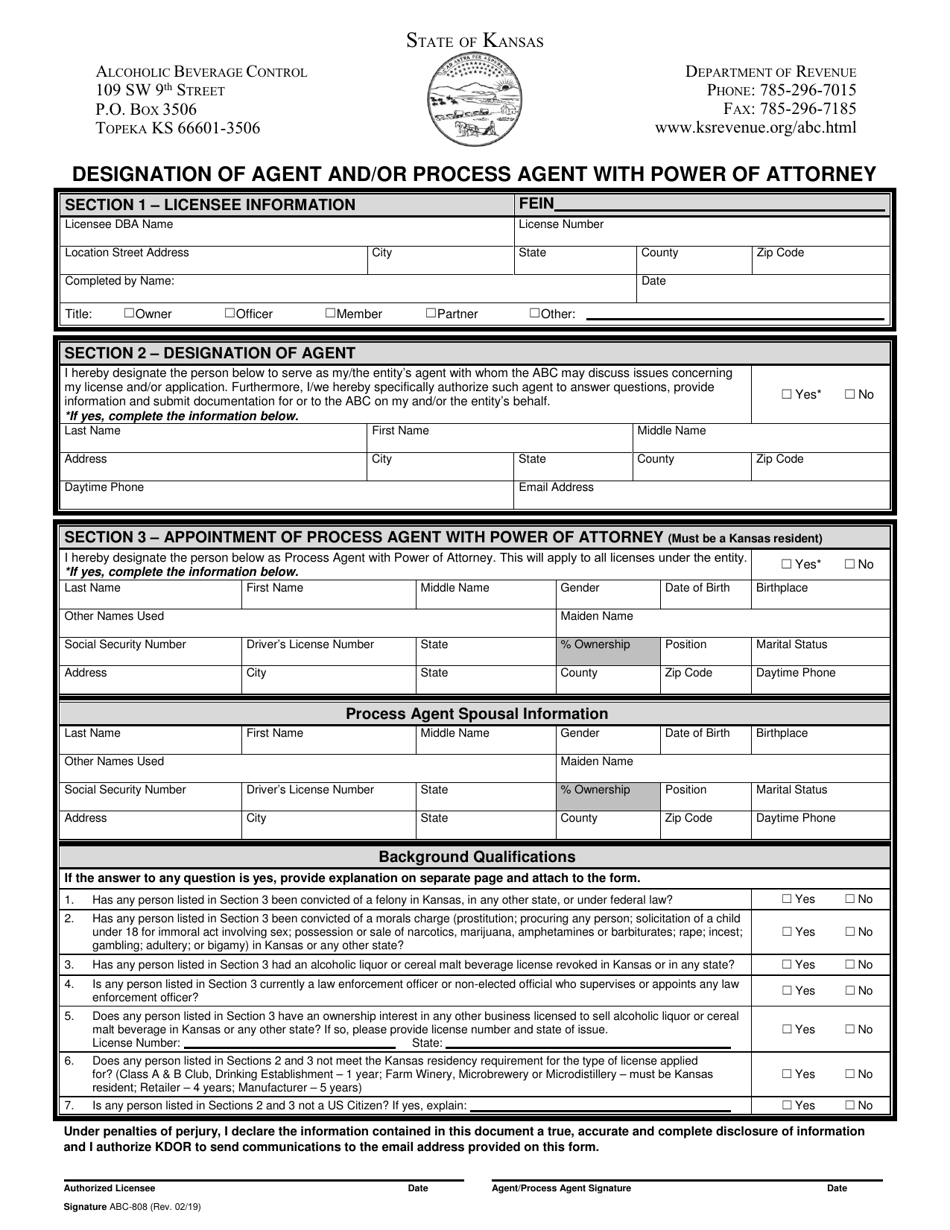 Form ABC-808 Designation of Agent and / or Process Agent With Power of Attorney - Kansas, Page 2