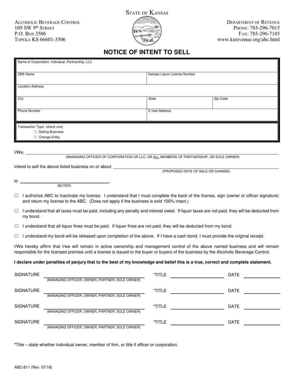 Form ABC-811 Notice of Intent to Sell - Kansas, Page 1