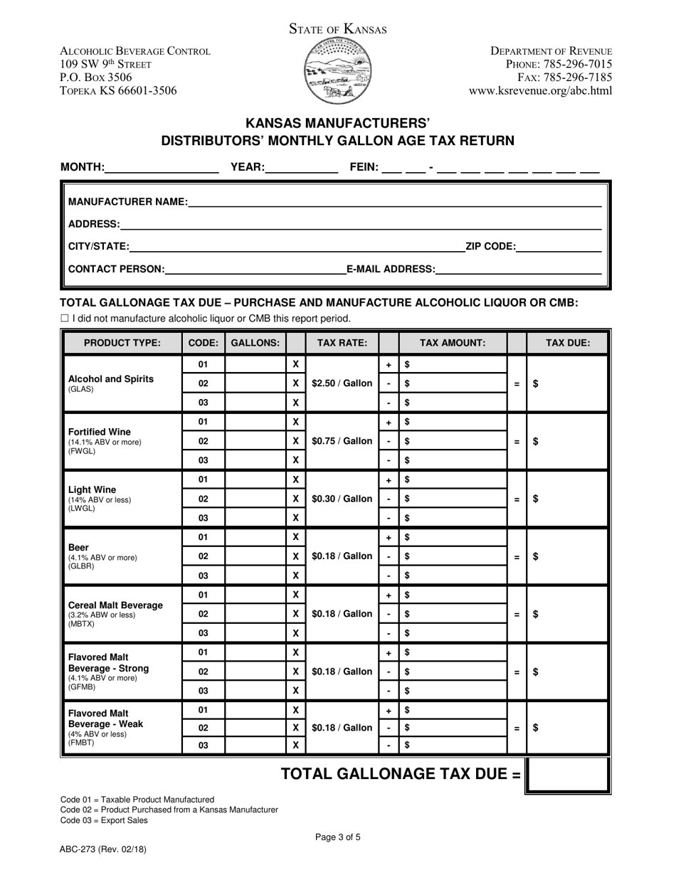 Form ABC-273 Kansas Manufacturers Distributors Monthly Gallon Age Tax Return - Kansas, Page 3