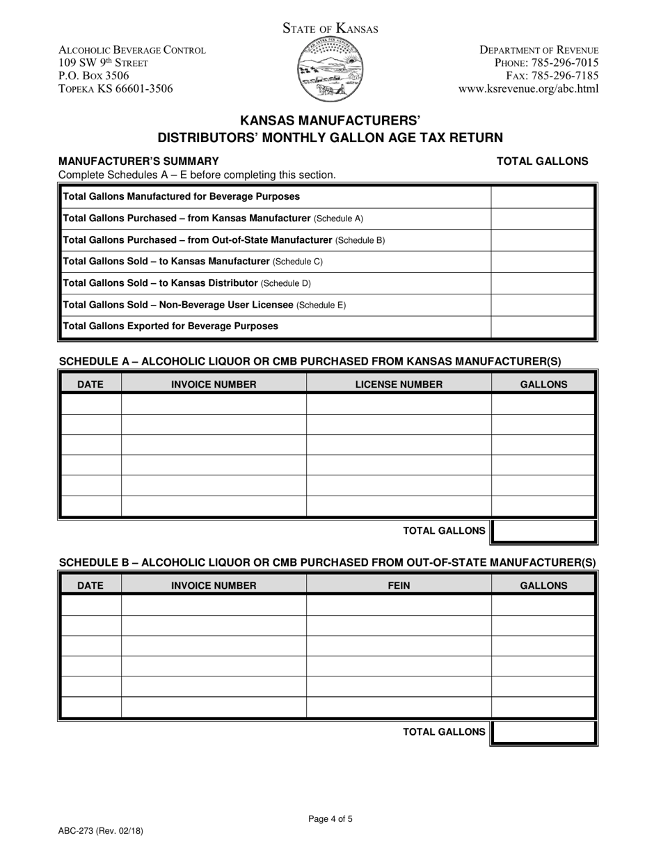 Form ABC-273 Kansas Manufacturers Distributors Monthly Gallon Age Tax Return - Kansas, Page 4