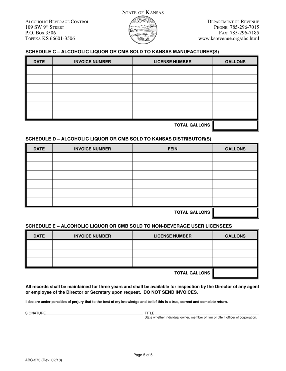 Form ABC-273 Kansas Manufacturers Distributors Monthly Gallon Age Tax Return - Kansas, Page 5