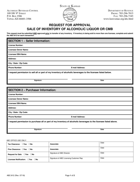 Form ABC-812 Request for Approval Sale of Inventory of Alcoholic Liquor or Cmb - Kansas