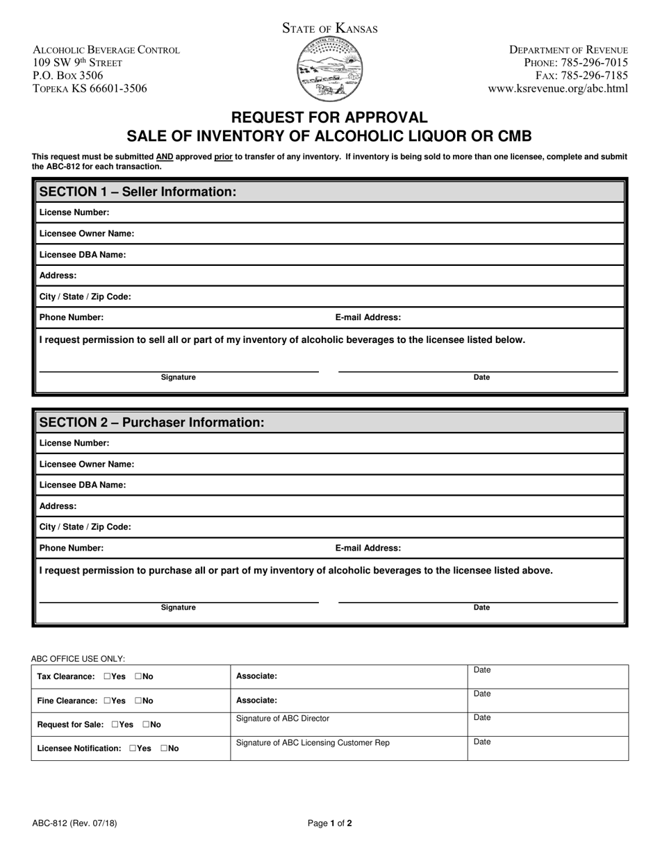 Form ABC-812 Request for Approval Sale of Inventory of Alcoholic Liquor or Cmb - Kansas, Page 1