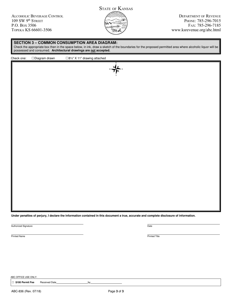 Form ABC-836 Common Consumption Area Permit Application and Agreement - Kansas, Page 3