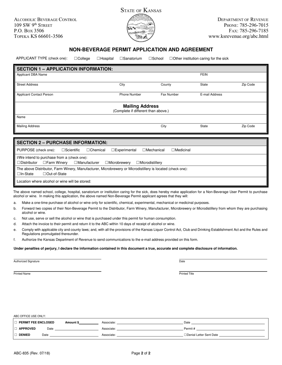 Form ABC-835 Non-beverage Permit Application and Agreement - Kansas, Page 2