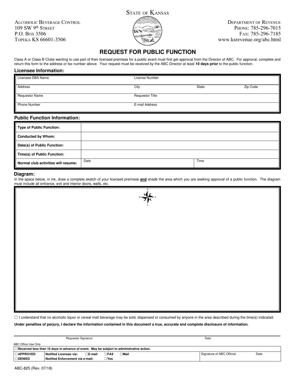 Form ABC-825 Request for Public Function - Kansas, Page 1