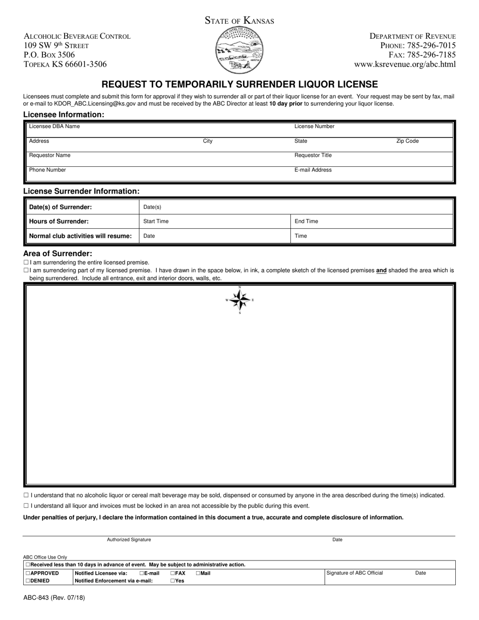 Form ABC-843 Request to Temporarily Surrender Liquor License - Kansas, Page 1