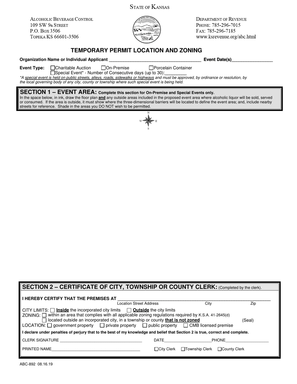Form ABC-892 Temporary Permit Location and Zoning - Kansas, Page 1