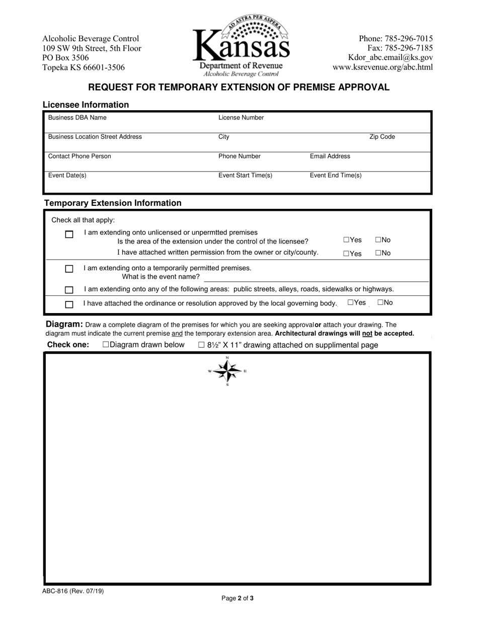 Form ABC-816 Request for Temporary Extension of Premise - Kansas, Page 2