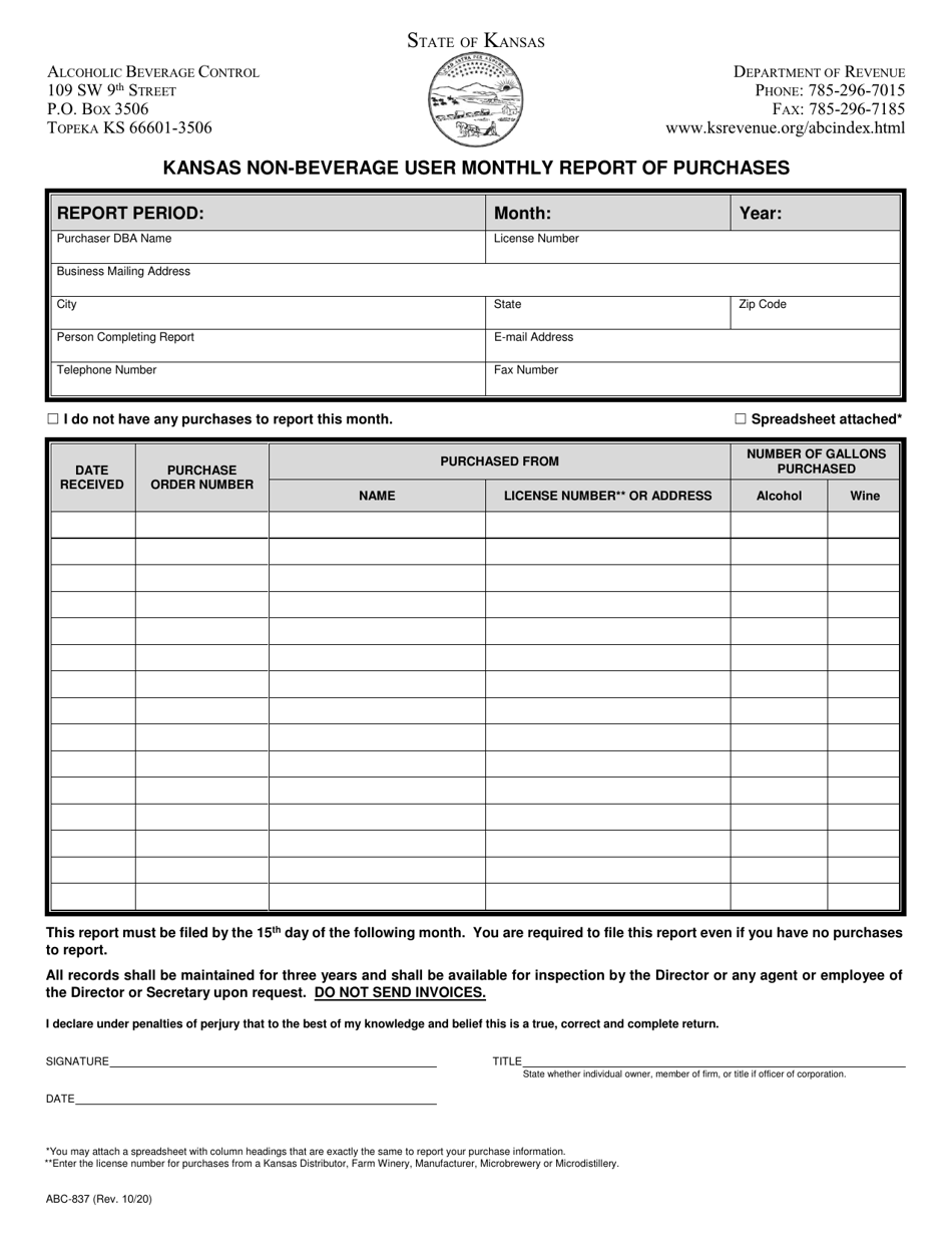 Form ABC-837 Kansas Non-beverage User Monthly Report of Purchases - Kansas, Page 1