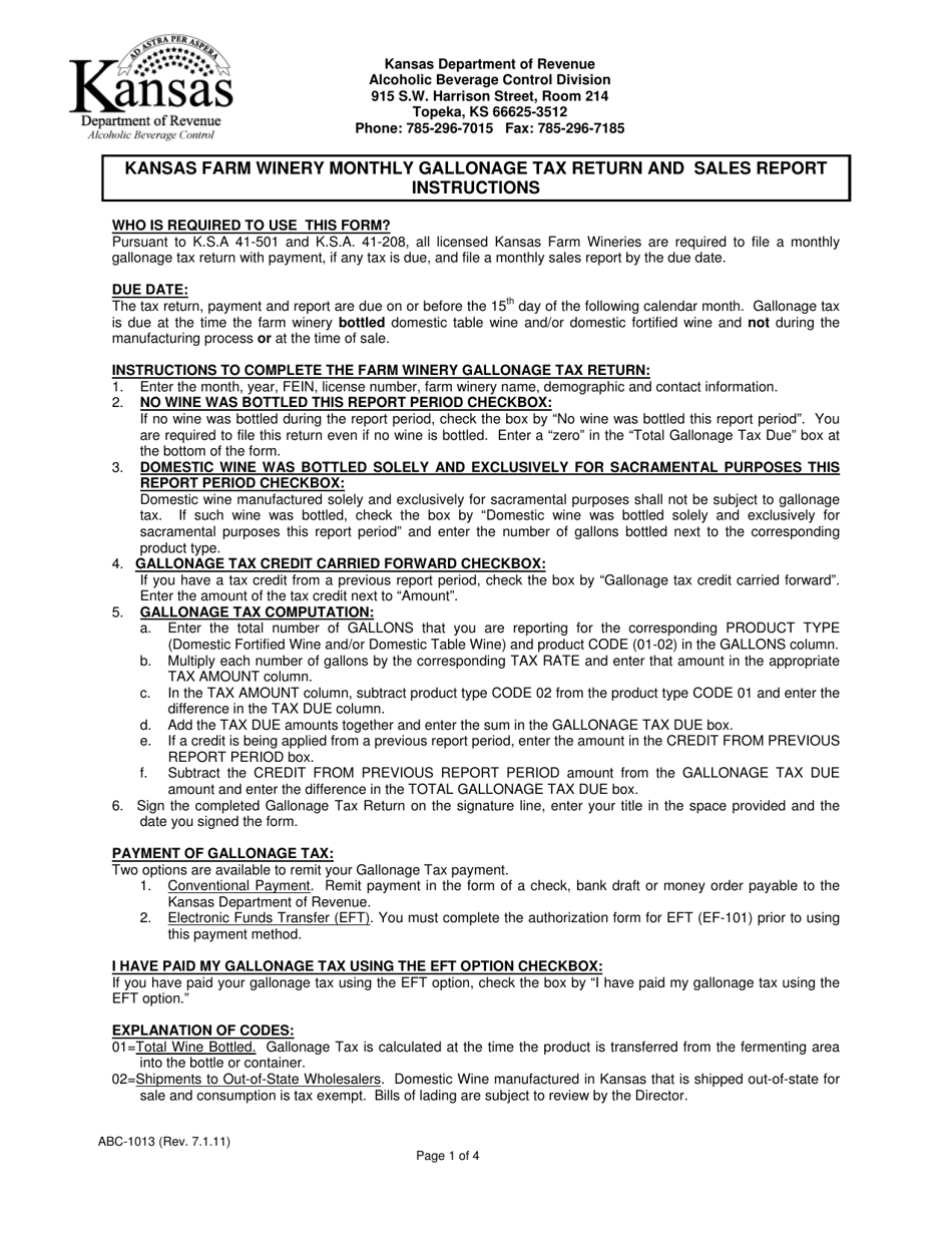 Form ABC-1013 Kansas Farm Winery Monthly Gallonage Tax Return and Sales Report - Kansas, Page 1