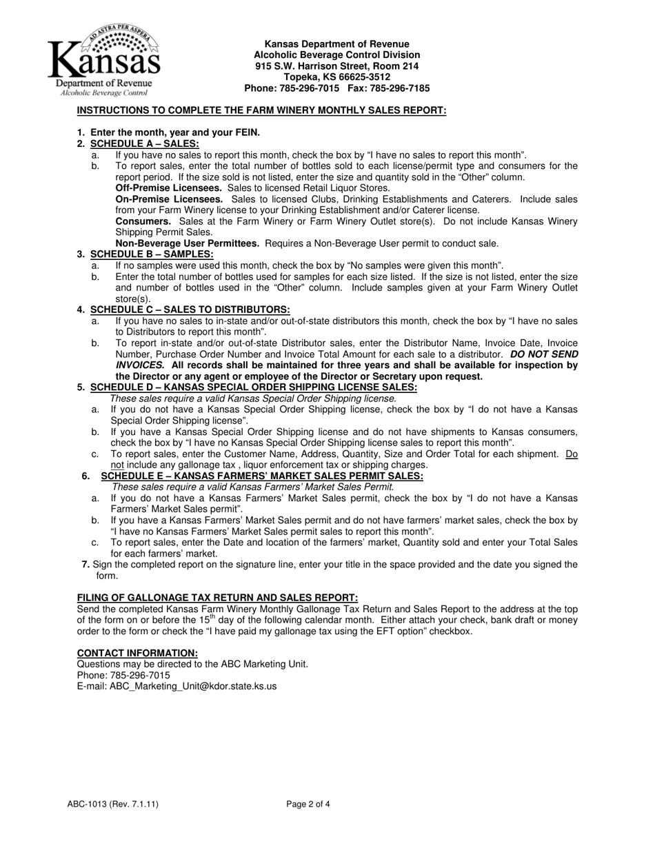 Form ABC-1013 Kansas Farm Winery Monthly Gallonage Tax Return and Sales Report - Kansas, Page 2