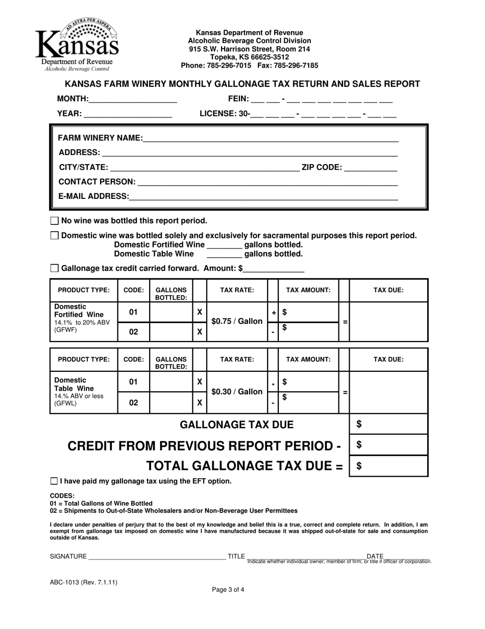 Form ABC-1013 Kansas Farm Winery Monthly Gallonage Tax Return and Sales Report - Kansas, Page 3