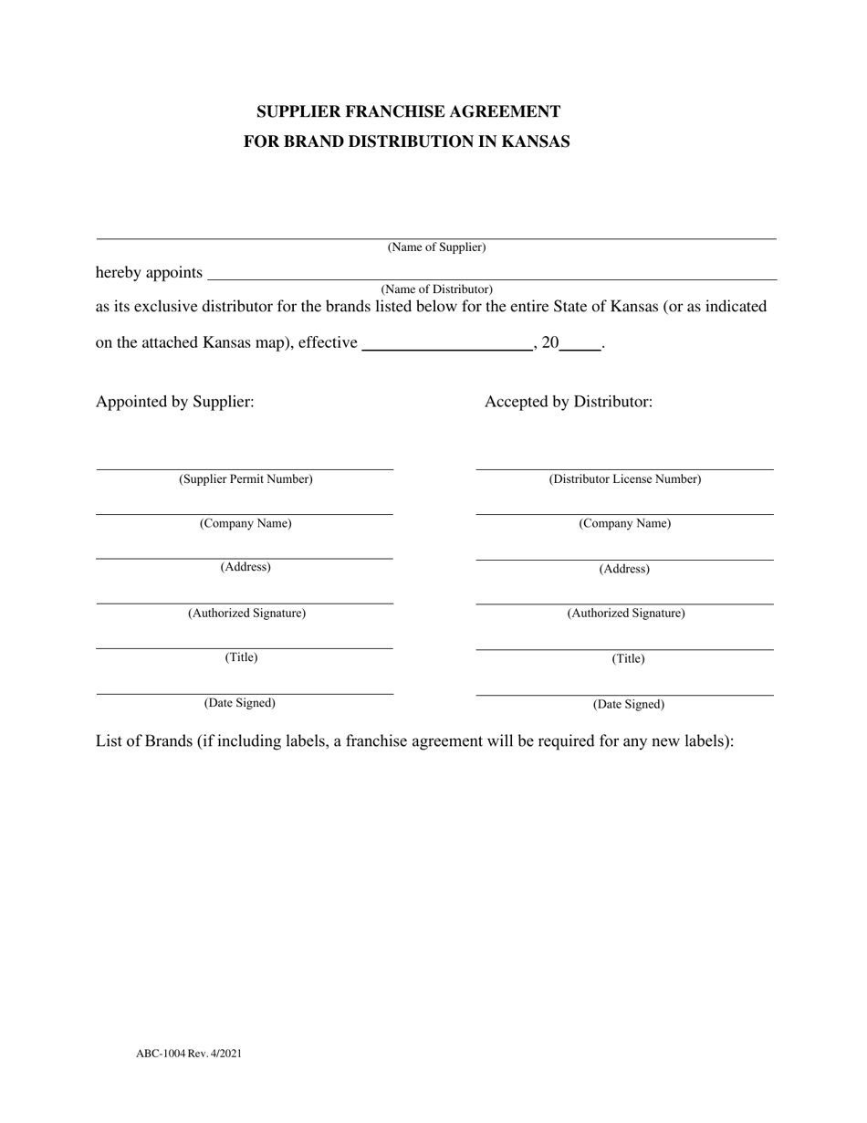 Form ABC-1004 Supplier Franchise Agreement for Brand Distribution in Kansas - Kansas, Page 1