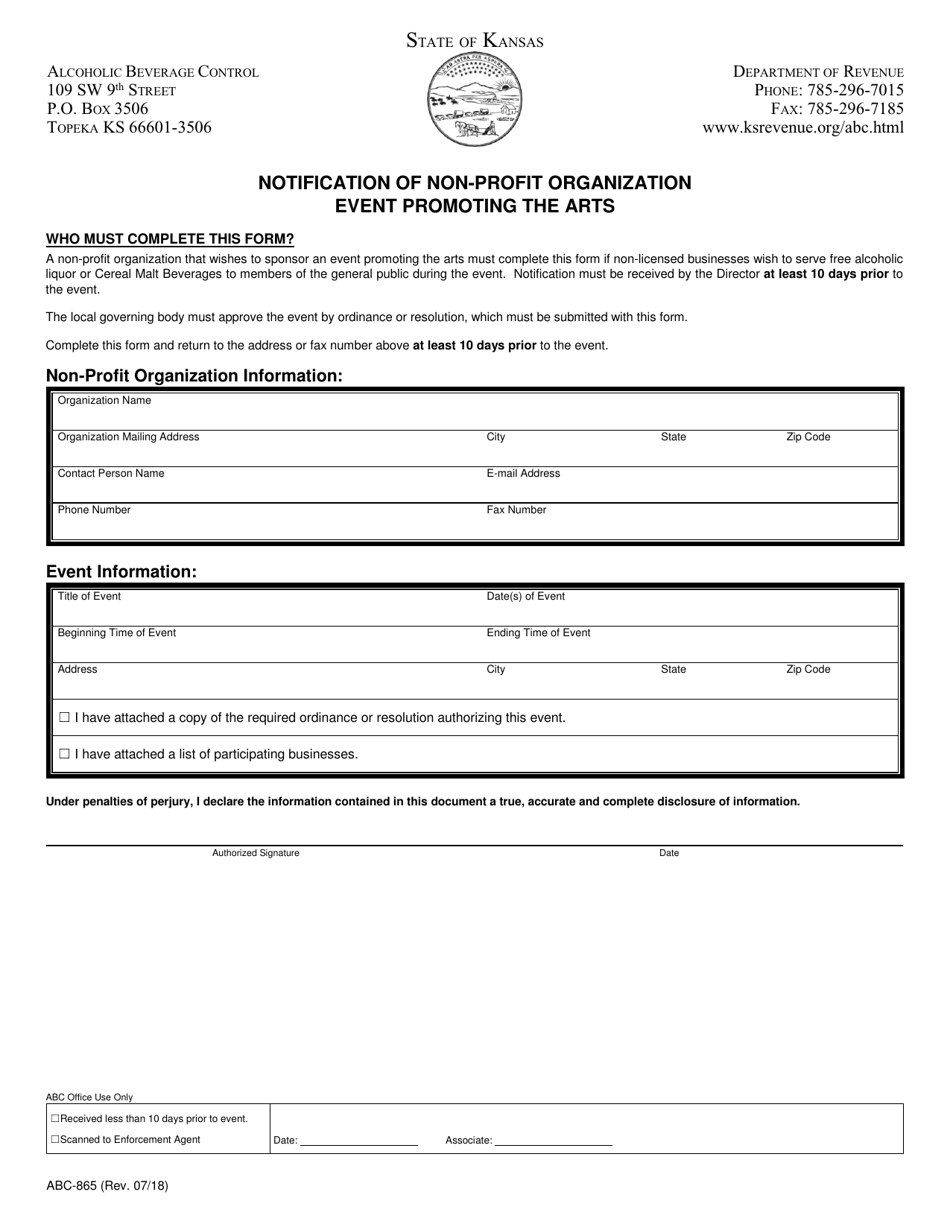 Form ABC-865 Notification of Non-profit Organization Event Promoting the Arts - Kansas, Page 1
