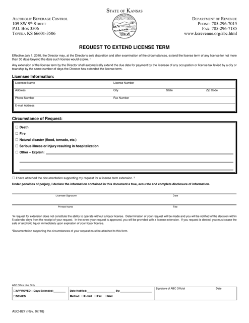 Form ABC-827 Request to Extend License Term - Kansas
