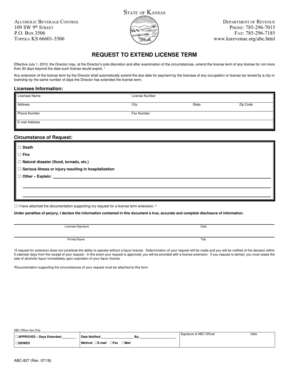 Form ABC-827 Request to Extend License Term - Kansas, Page 1