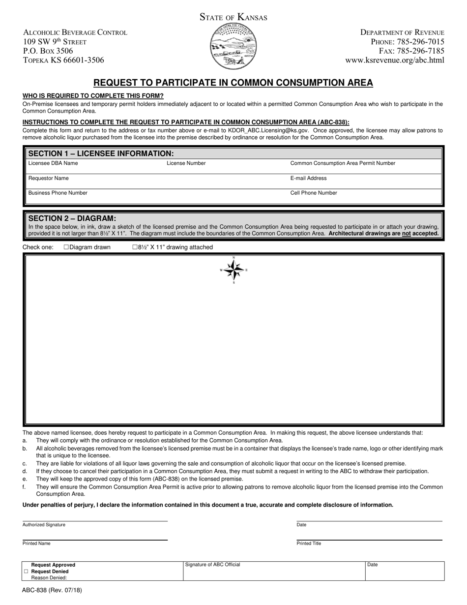 Form ABC-838 Request to Participate in Common Consumption Area - Kansas, Page 1