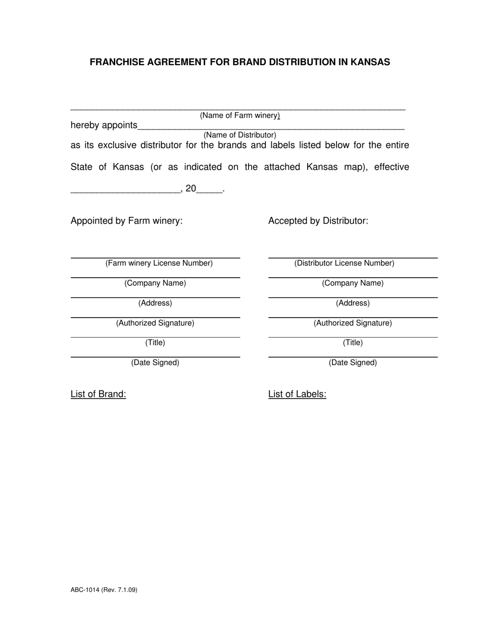 Form ABC-1014 Franchise Agreement for Brand Distribution in Kansas - Kansas, Page 1