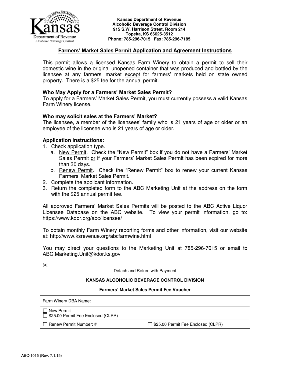 Form ABC-1015 Farmers Market Sales Permit Application and Agreement - Kansas, Page 1