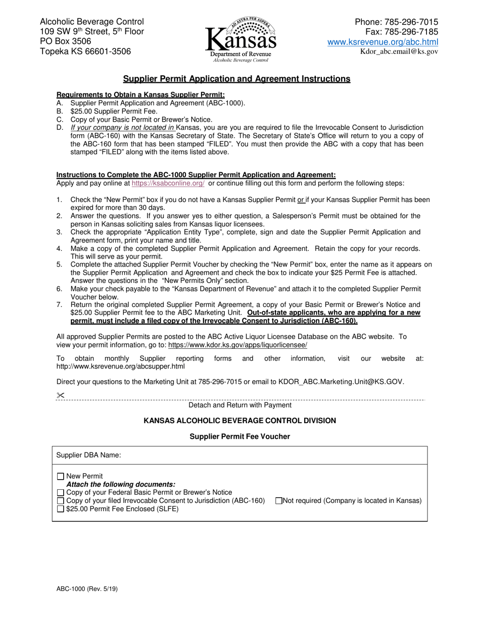 Form ABC-1000 Supplier Permit Application and Agreement - Kansas, Page 1