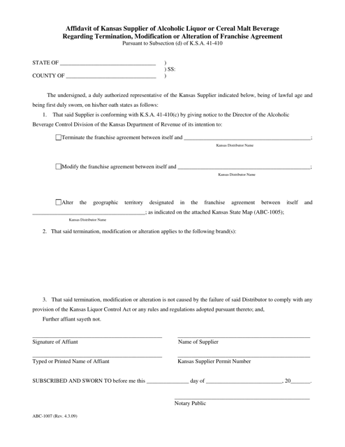 Form ABC-1007 Affidavit of Kansas Supplier or Alcoholic Liquor or Cereal Malt Beverage Regarding Termination, Modification or Alteration of Franchise Agreement - Kansas