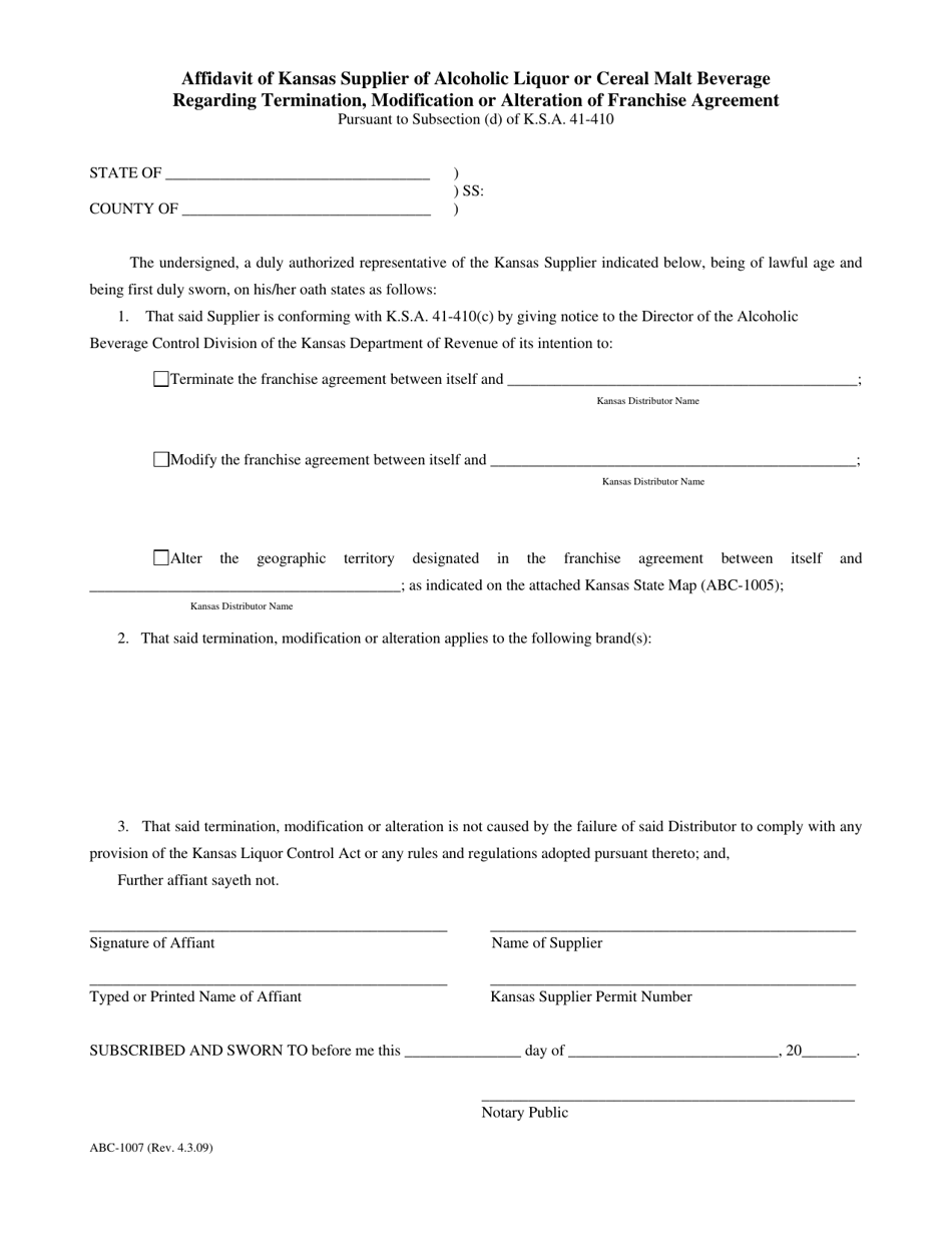 Form ABC-1007 Affidavit of Kansas Supplier or Alcoholic Liquor or Cereal Malt Beverage Regarding Termination, Modification or Alteration of Franchise Agreement - Kansas, Page 1