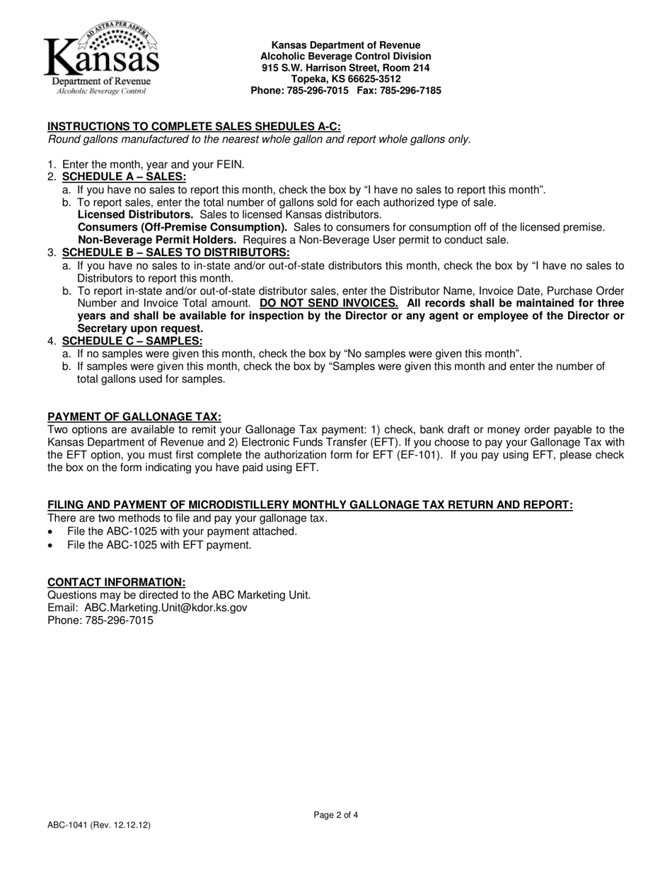 Form ABC-1041 Microdistillery Monthly Gallonage Tax Return and Sales Report - Kansas, Page 2