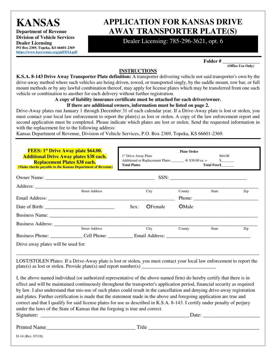 Form D-14 Application for Drive Away Transporter Plate(S) - Kansas, Page 1