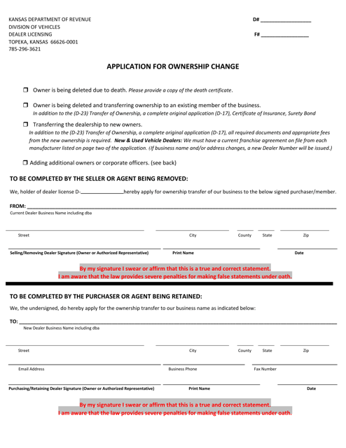Document preview: Form D-23 Application for Owner Transfer - Kansas