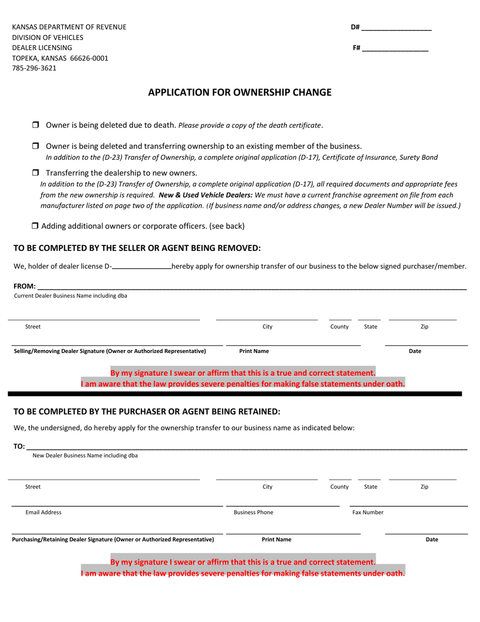 Form D-23 Application for Owner Transfer - Kansas, Page 1