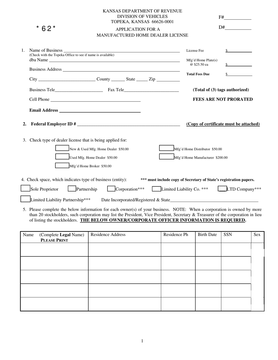 Form D-17B Application for a Manufactured Home Dealer License - Kansas, Page 1